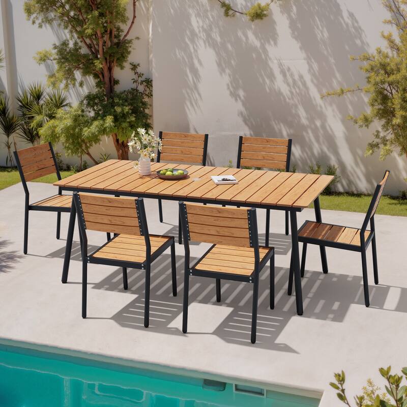7-Piece Outdoor Patio Dining Set WPC Table Top Alumium Umbrella Hole Table with Stackable Armless Chairs - Brown