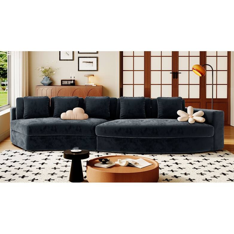 115.7" Pure Foam 2-Piece 4-Seater Sofa Set, Navy Blue Chenille Jacquard, Curved, No Assembly, for Living & Bedroom