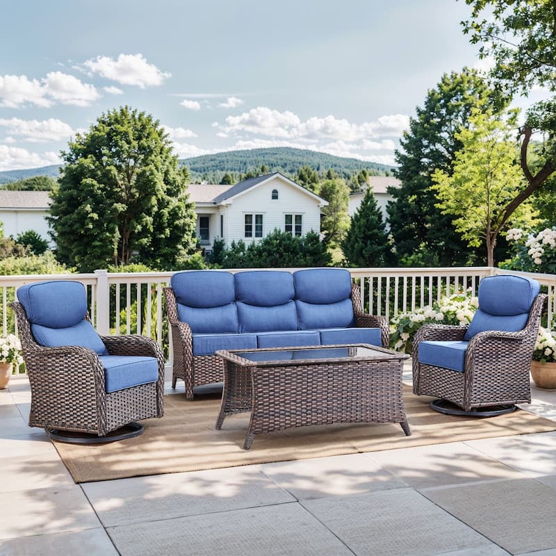 Pocassy Outdoor Sofa Patio Swivel Chairs Sets - Brown Wicker Blue Cushion - S-a Swivel Chair with Table Set - 4PCS
