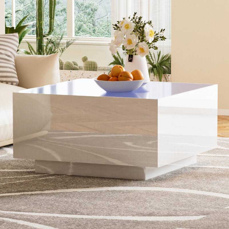 27.56" High Glossy Coffee Table with 16-color LED Strip Lights and 5mm Frosted Tempered Glass Top