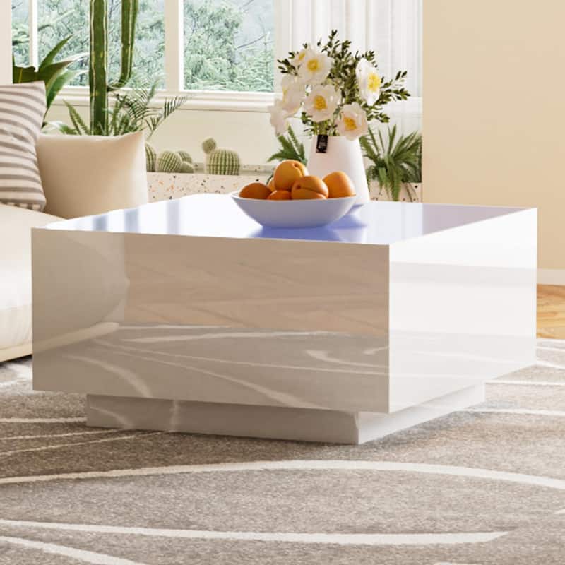 Modern Square High Glossy Coffee Center Table with 16-color LED Strip Lights