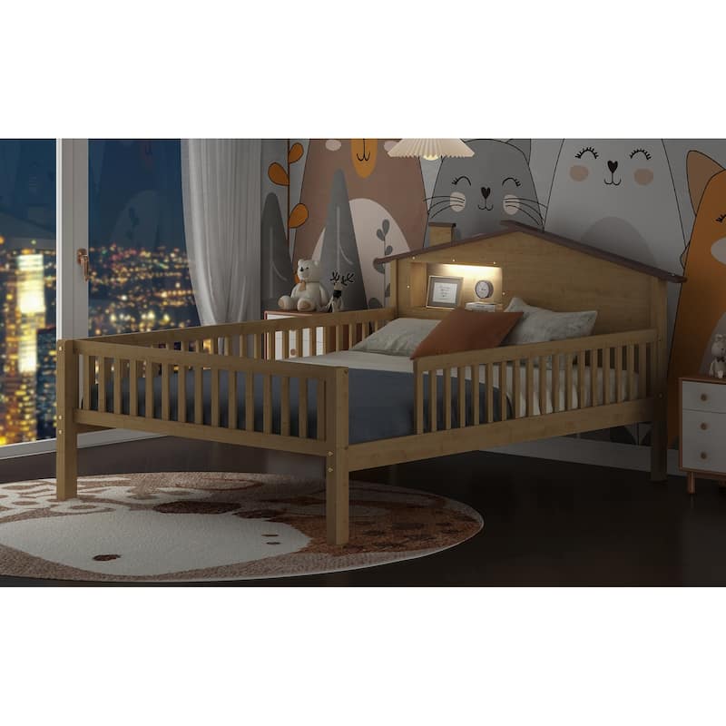Natural Full Size Wood Platform Bed with House-shaped Headboard, LED and Built-in Storage