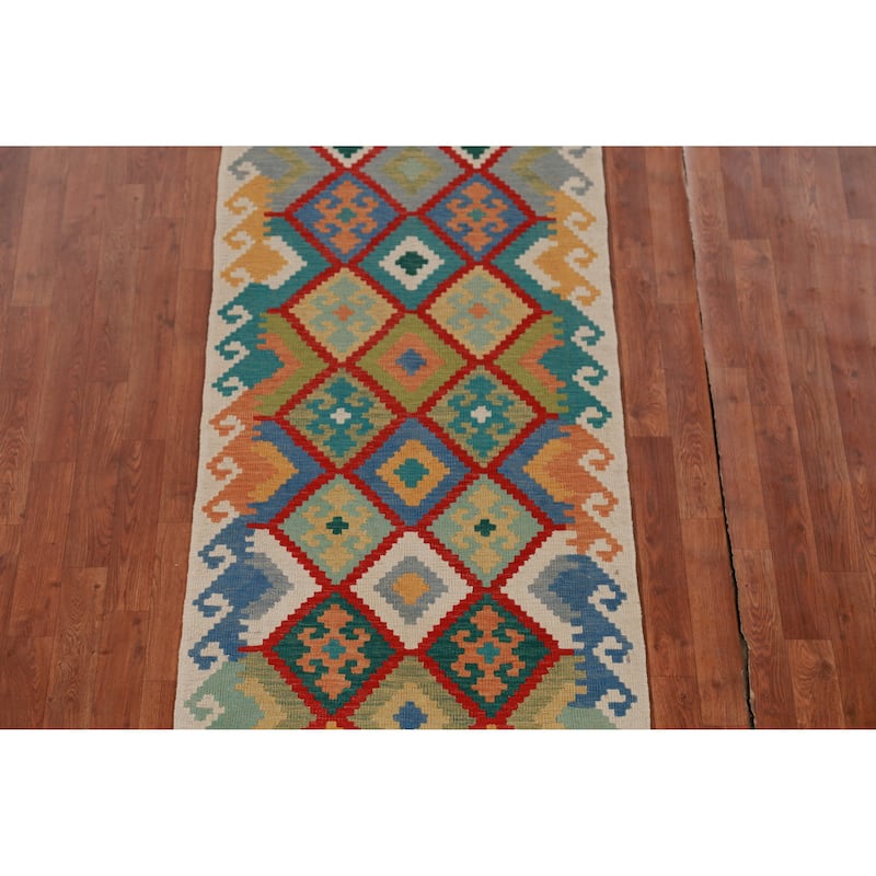 Hand Woven Oriental 100% Wool Carpet Southwestern Geometric Multi-Colored Kilim Runner Rug - 16' 1'' X 2' 9''