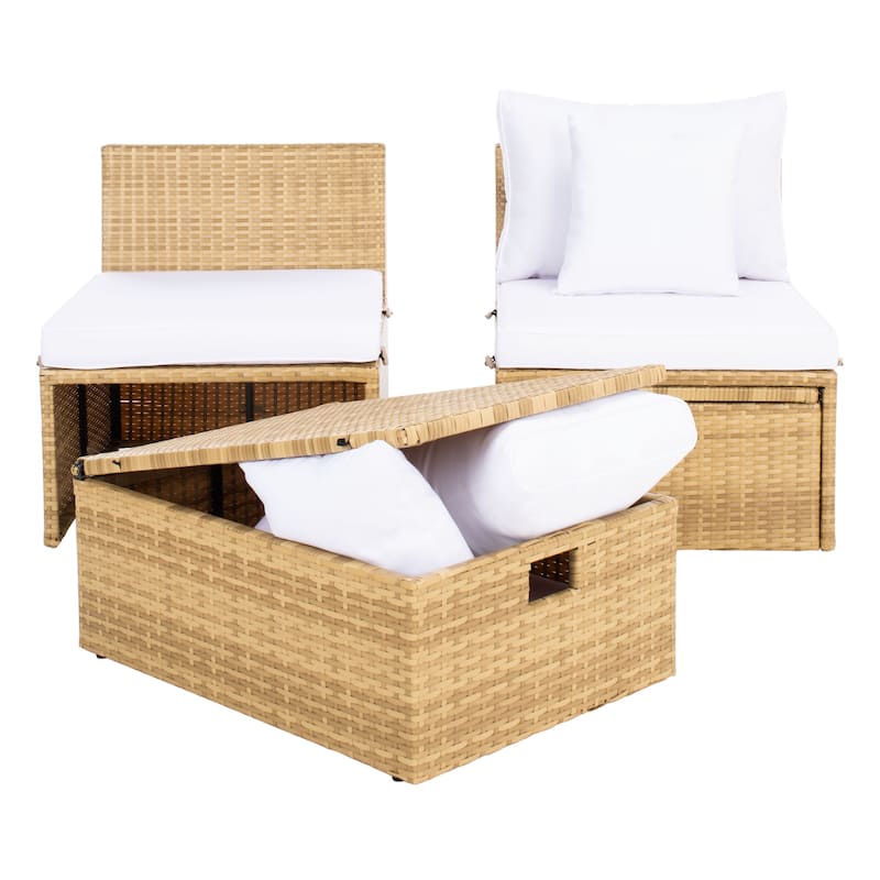 SAFAVIEH Outdoor Algrid Settee with Storage Ottomans (Set of 2) - 29Wx23Dx25H
