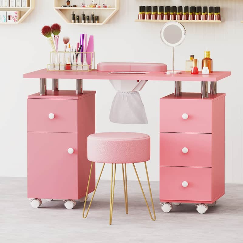 Costway Rolling Manicure Table Nail Desk with with 8 Lockable Wheels & - See Details - Pink