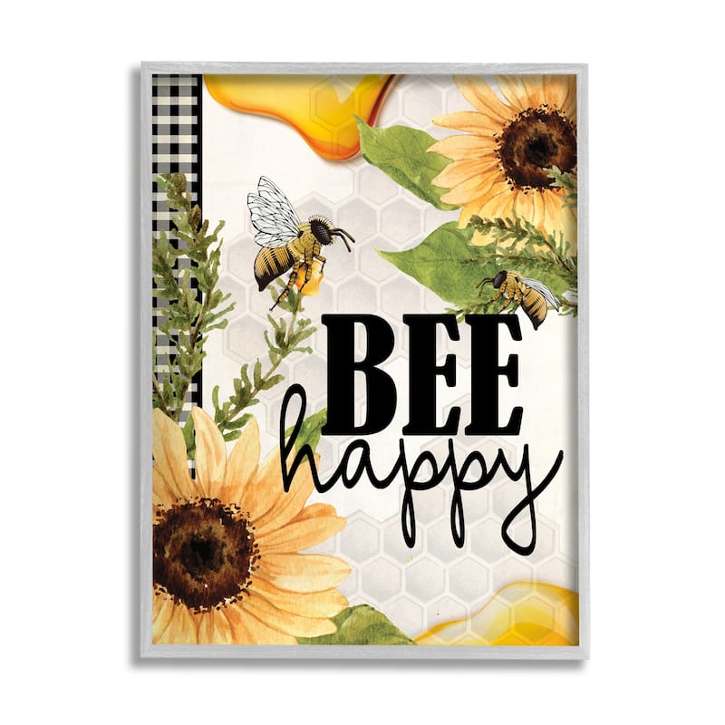 Stupell Bee Happy Sunflower Insect Hive Harvesting Honey Framed Giclee Art Design By Kim Allen - 24 x 30 - Grey