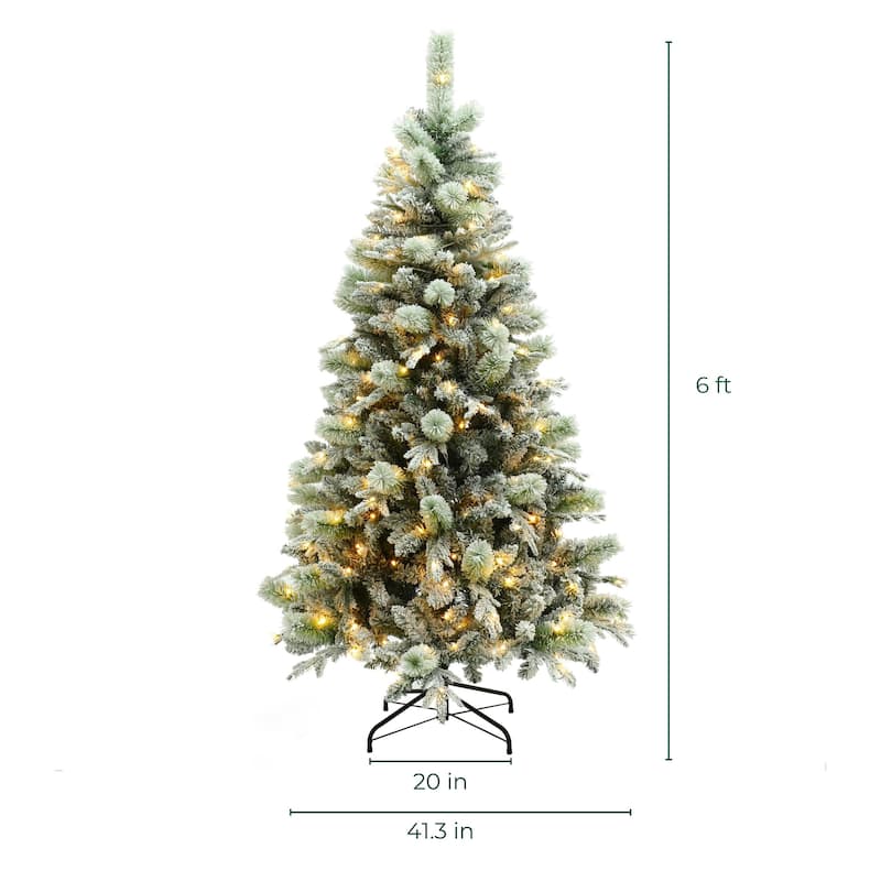 6Ft Full Artificial Snow-Flocked Christmas Tree with Lights, 10-Control & 3-Color Light Modes - 72" H x 41.3" Diameter