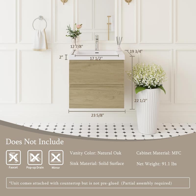 24" Floating Bathroom Vanity with Sink, Wall-Mounted Storage Cabinet with Solid Surface Basin & Soft-Close Drawers