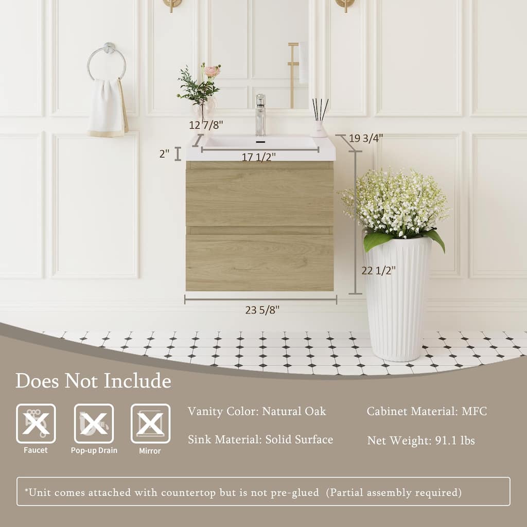 Modern Wall-Mounted Bathroom Vanity with White Solid Surface Top