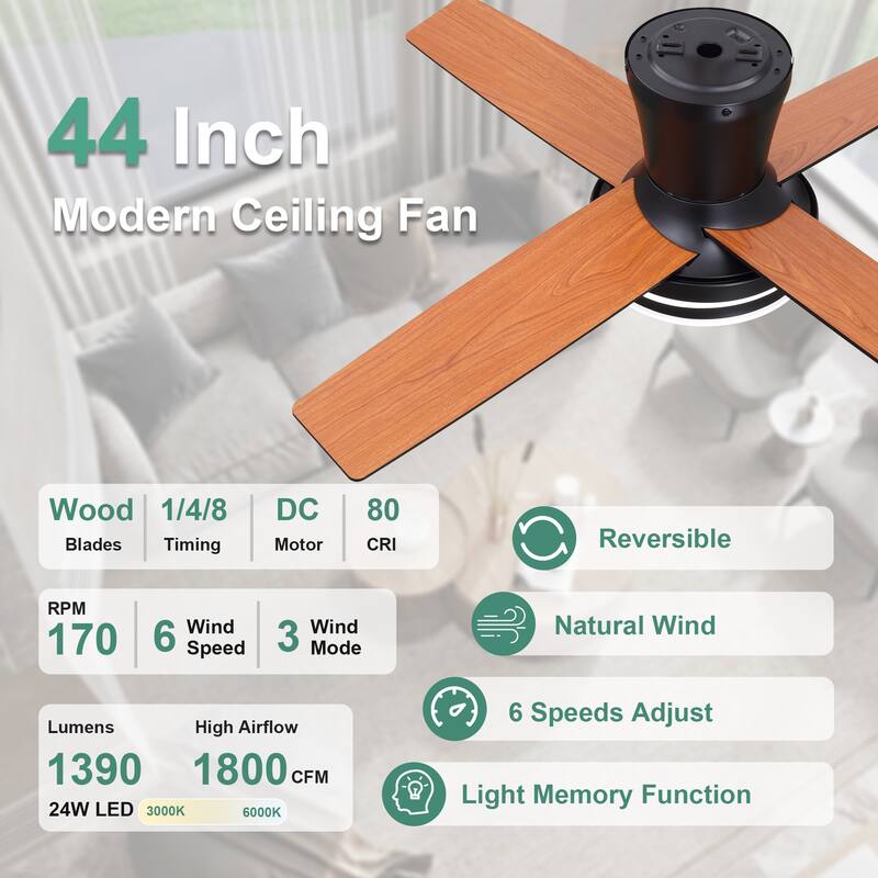 Cusp Barn 44" Low Profile Flush Mount Ceiling Fans with Lights and Remote, Modern 6 Speeds Quiet Reversible DC Motor Ceiling Fan