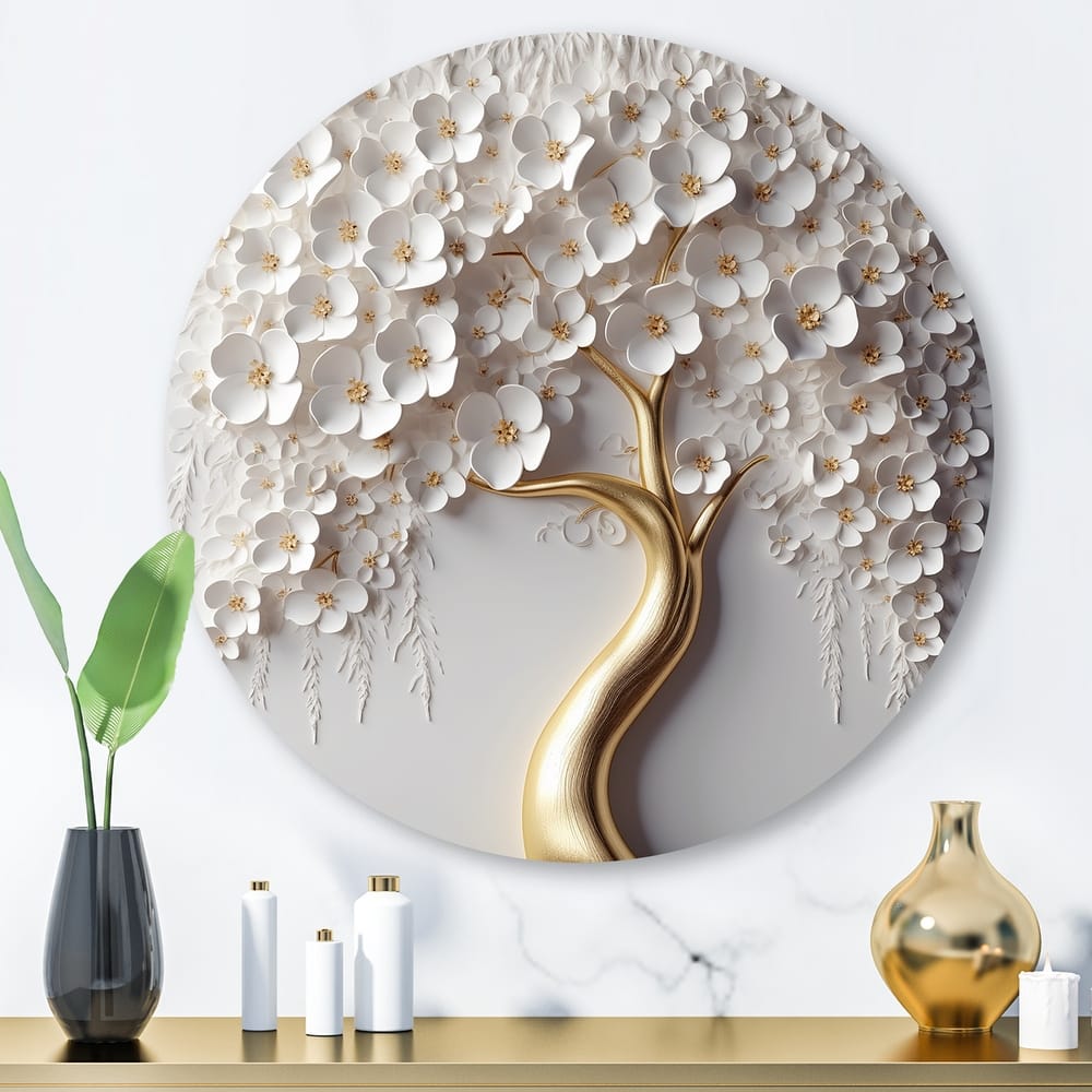 Designart "White Orchid Tree Garden Of Branches VIII" Tree Floral Metal Round Wall Art Print On Metal