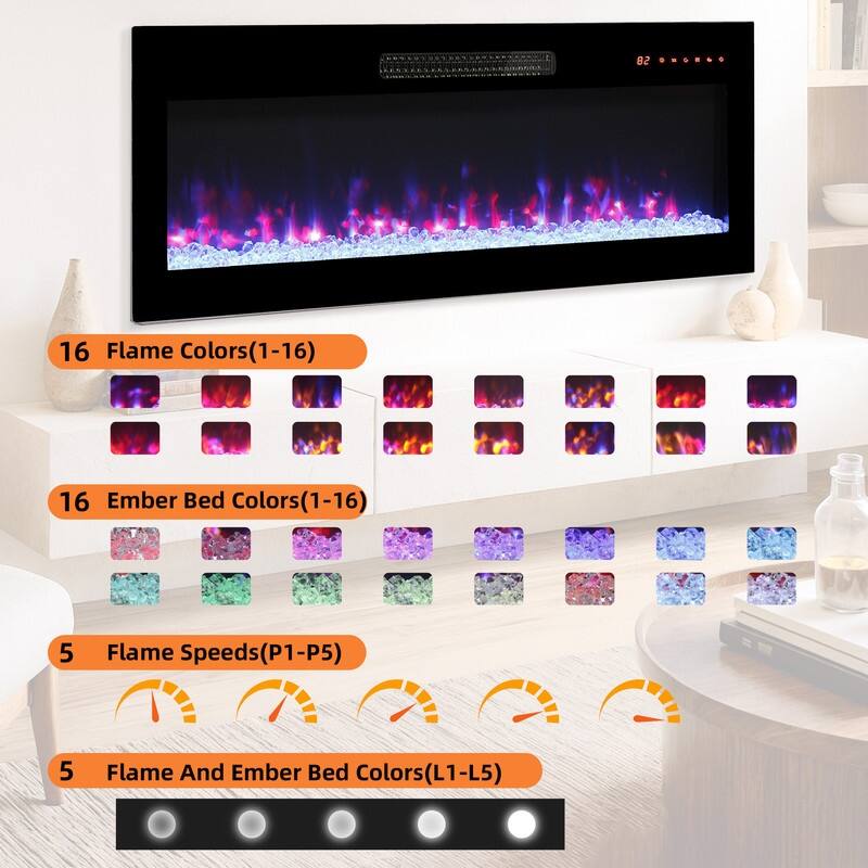 36 in. Wall Mounted Recess Ultra Thin Electric Fireplace with Tempered Glass Front in Black,Remote,1400W/5000BTU