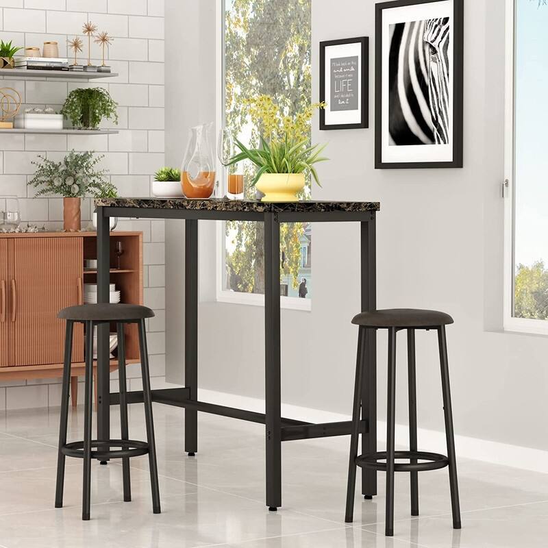 3 Piece Kitchen Pub Dining Set, Modern Faux Marble Counter Height Bistro Bar Table Set with 2 PU Leather Bar Stools