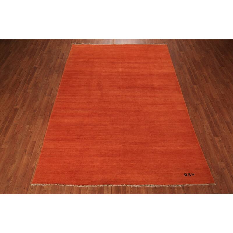 Modern Gabbeh Area Rug Hand-Knotted Oriental Orange Wool Carpet - 6'8" x 9'5"