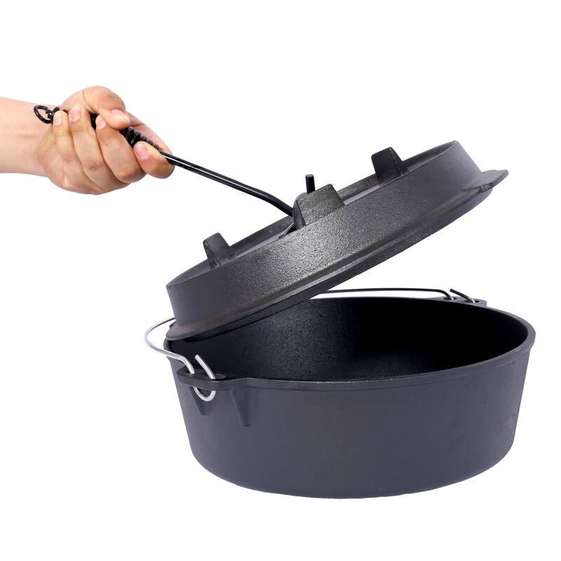 Outdoor Camping Deep Pot and Skillet Lid with Iron Pot Rack and Lid Lifter, Pre-Seasoned Cast Iron Dutch Oven