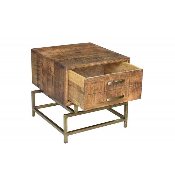 HomeRoots 21" Brass And Brown Solid Wood And Iron Square End Table With Drawer - 20