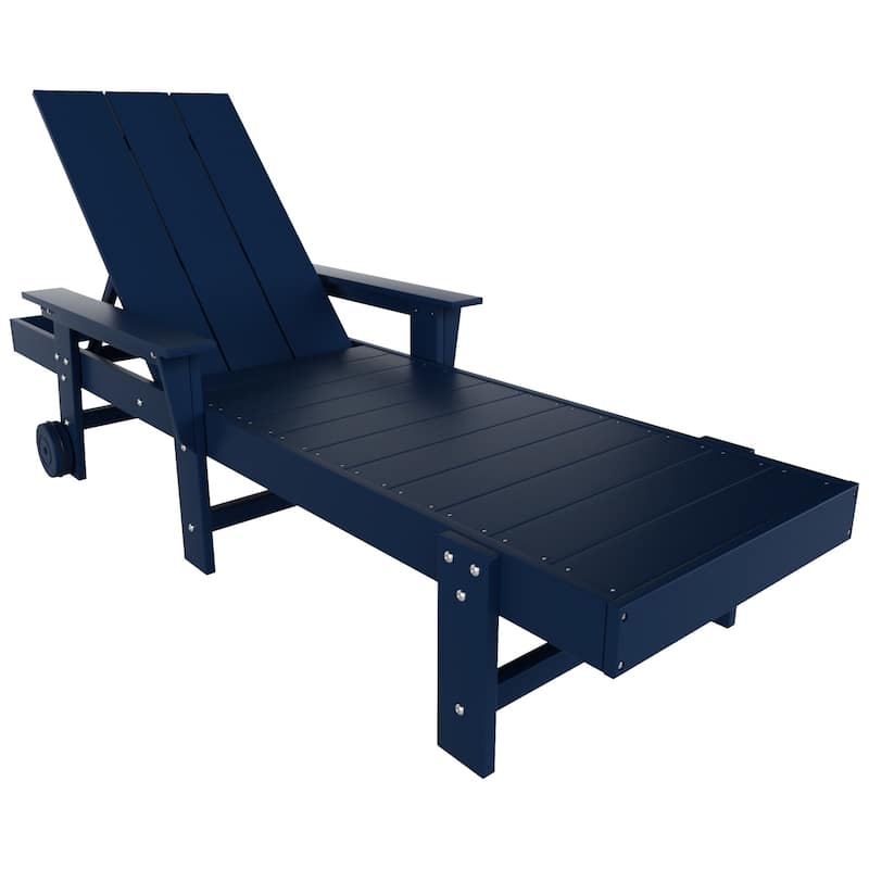 Shoreside Modern Poly Reclining Eco-Friendly All Weather Chaise Lounge With Arms & Wheels - Navy Blue