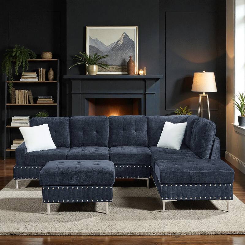 102" 3-Seater L-Shaped Sectional Sofa with Chaise and Storage Ottoman, Chenille Upholstery, Metal Legs, Rivet Trim & 2 Pillows