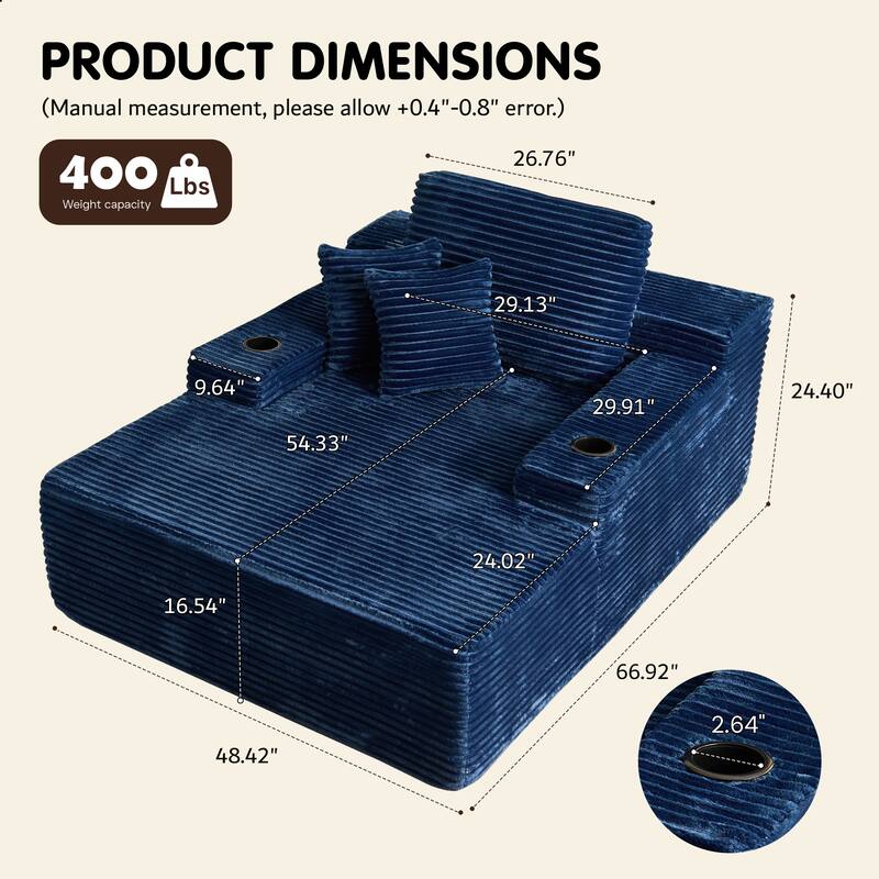 OVIOS Non-Aseembly Plush Chaie Lounge Sofa with Cup Holder