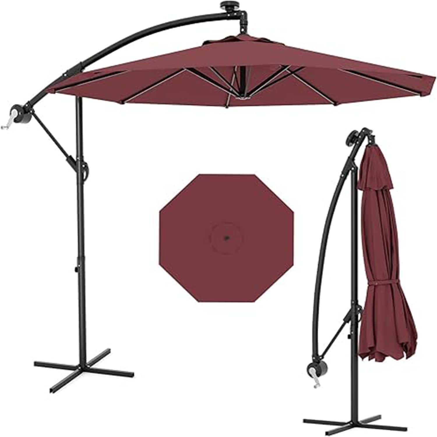 10FT Offset Umbrella 360° Rotation Infinite Tilt Cross Base Wine Red