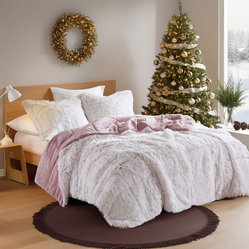 Intelligent Design Leena Shaggy Long Fur Comforter Mini Set - Pink/White - King