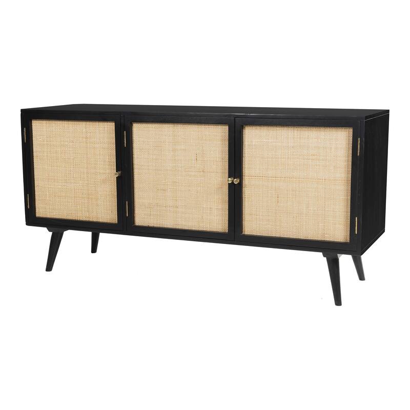 Glenda Three-Door Solid Wood with Natural Cane Sideboard - Black