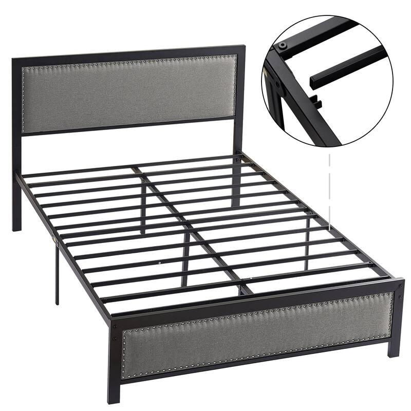 VECELO Bed Frame with Upholstered Linen Headboard and Footboard Heavy-Duty Platform with Strong Metal Slats