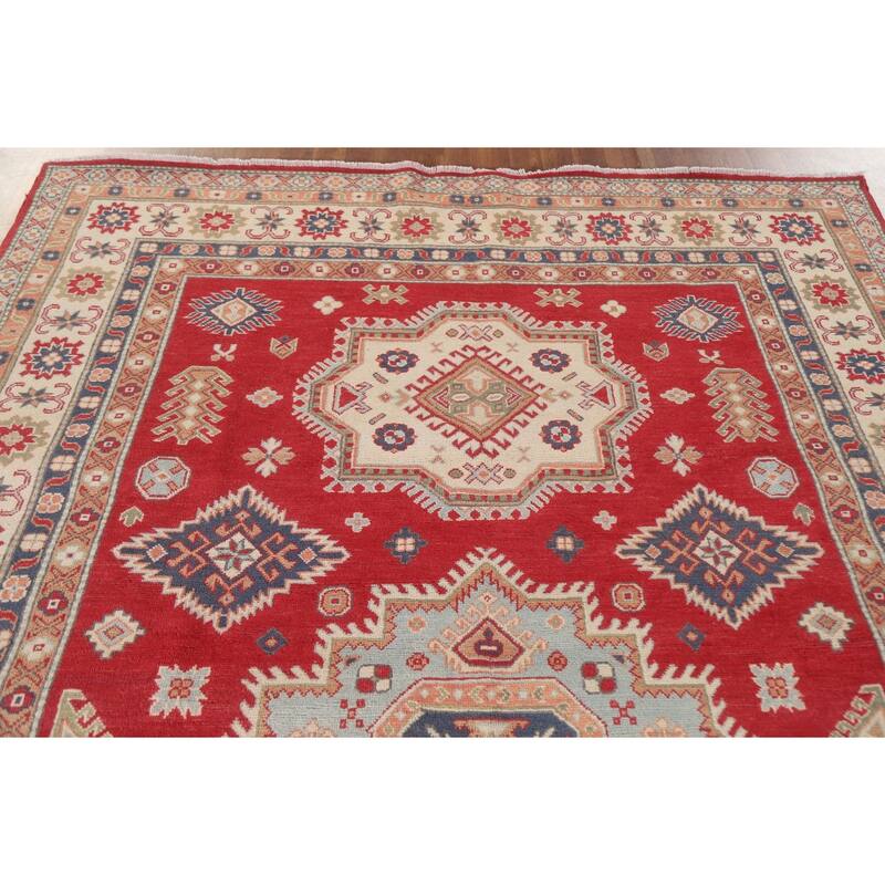 Hand Knotted Oriental 100% Wool Carpet Traditional Geometric Red Kazak Area Rug - 9' 10'' X 6' 7''