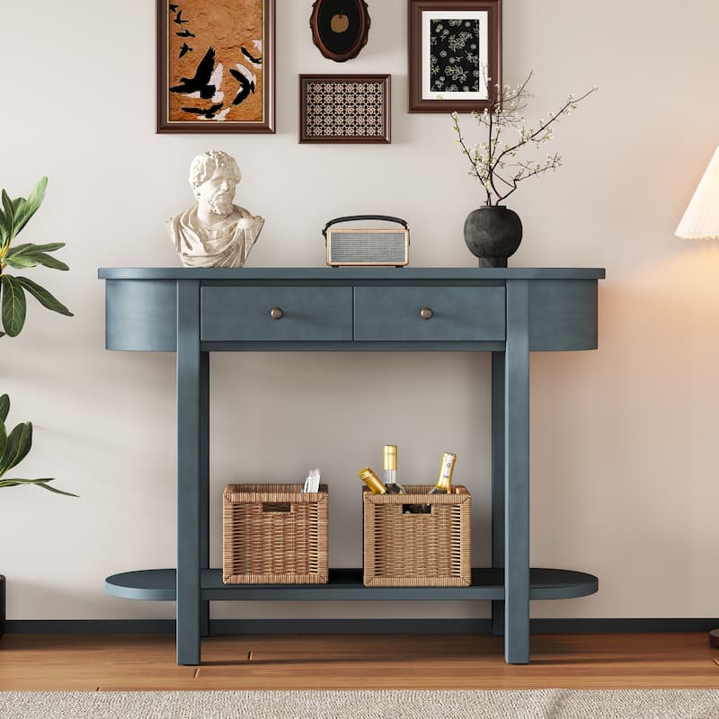 Curved Console Table with 2 Drawers and Bottom Shelf, Oval Pine Wood Sofa Tables for Entryway Hallway Living Room