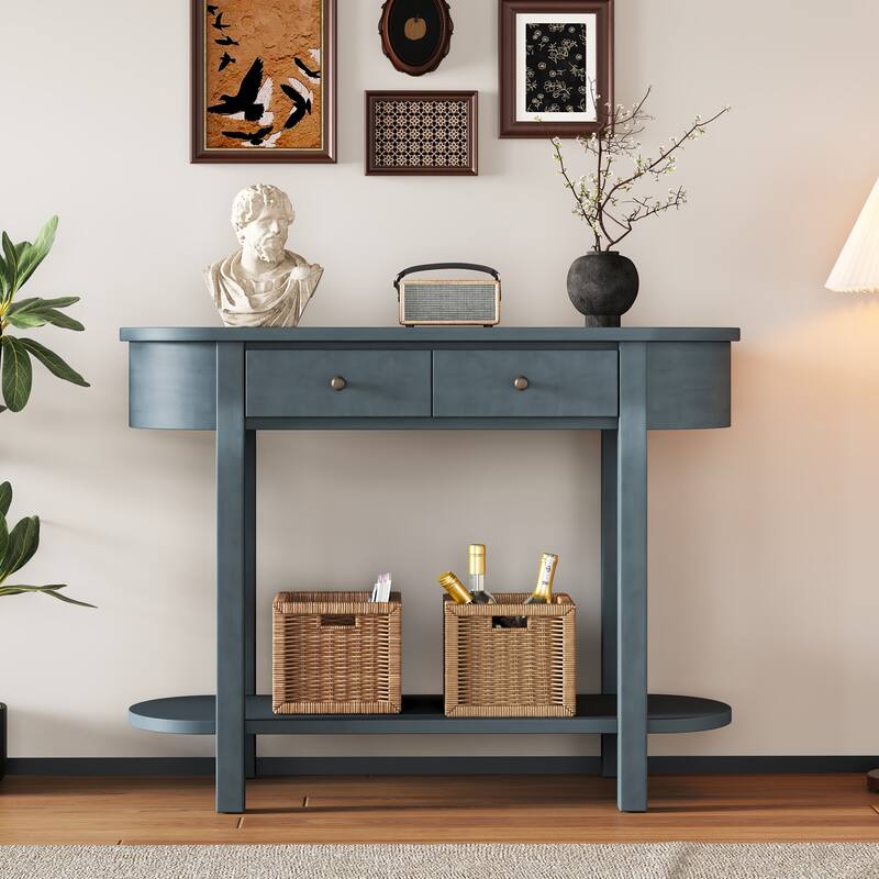 Curved Console Table with 2 Storage Drawers and Metal Handles, Wooden Hallway Tables Entryway Table wOpen Storage Shelf