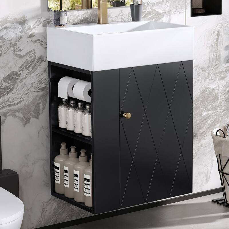 Roomfitters 20" Wall-Mounted Bathroom Vanity with Sink, Diamond Pattern Door, Side Shelves & Towel Bar - Black