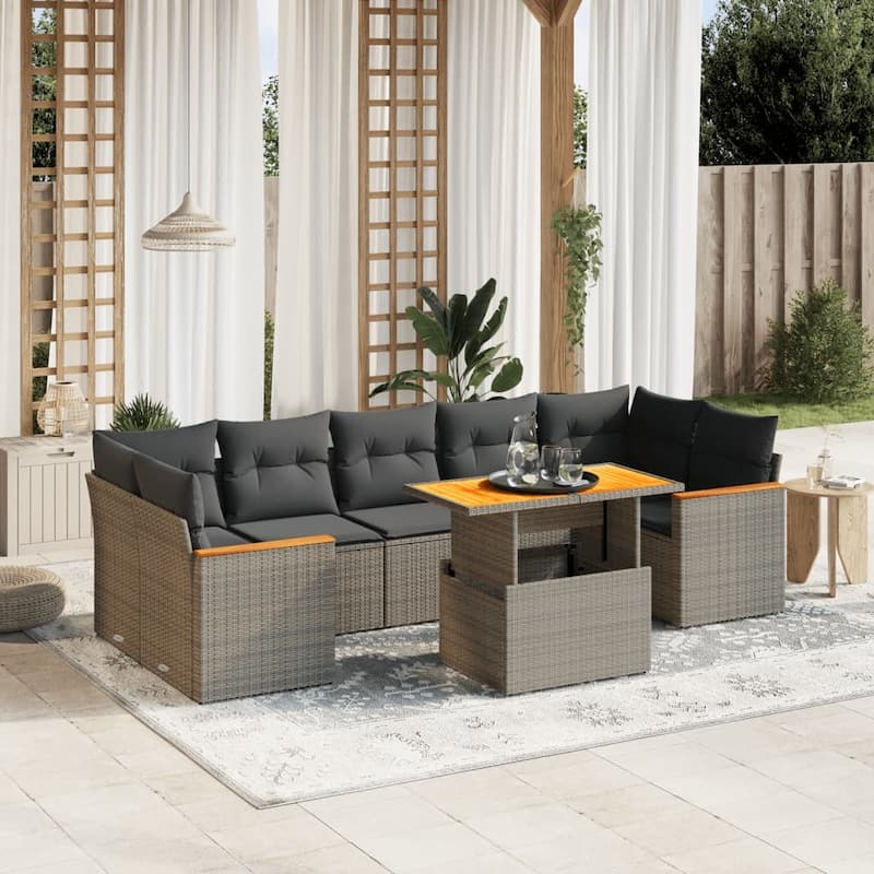 vidaXL Patio Sofa Set with Cushions Lounge Set 7 Piece Poly Rattan Acacia - 21.7 x 39.4 x 28.7 - Grey