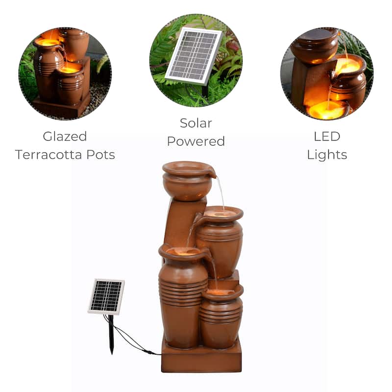Teamson Home 28.74" 4-Tier Outdoor Fountain with LED Lights, Solar Powered, Weather-Resistant Faux Stone for Garden & Patio