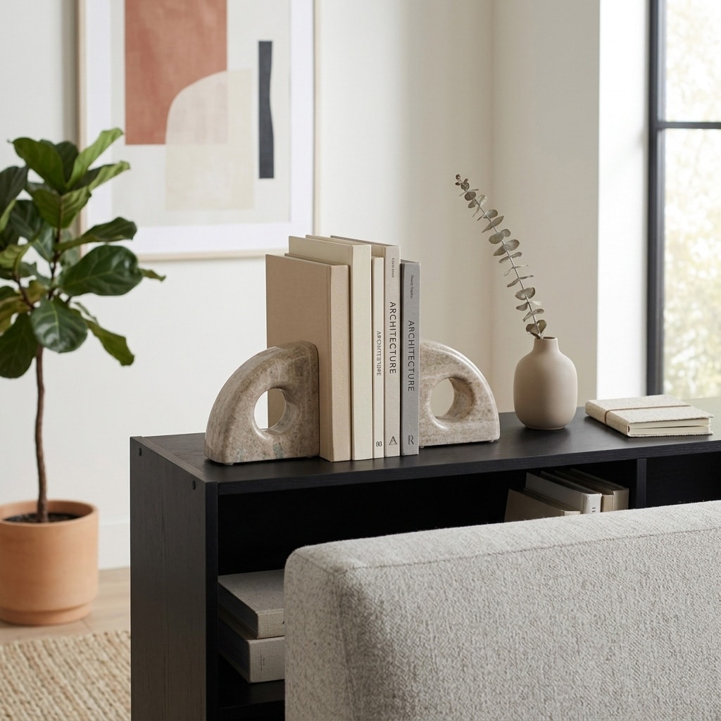 Contemporary Marble Bookends with Cut-Out Design - Set of 2, 6", Tan - 6.0"