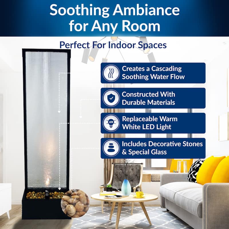 Alpine Corporation MLT170L 72" Waterfall Fountain with LED Light Cascading Textured Glass & Aluminum Floor Design, Indoor, Black