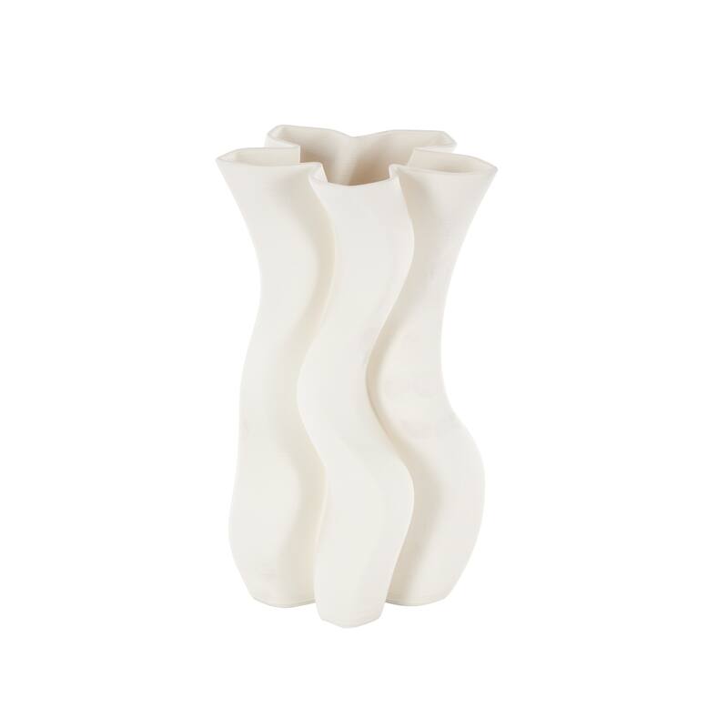 White Ceramic Ribbed Dimensional Wavy Abstract Vase with Floral Shaped Rim