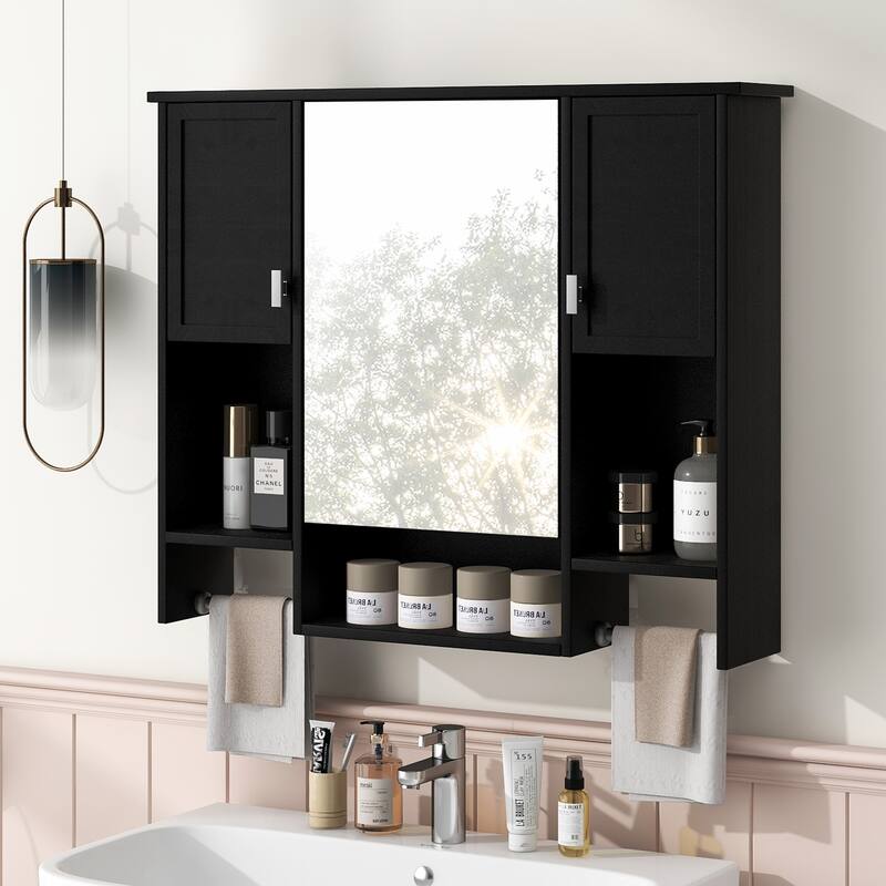 GDFStudio - Auburn Modern Wall-Mounted Bathroom Storage Cabinet with Mirror and Towels Bar - 35'' x 28''
