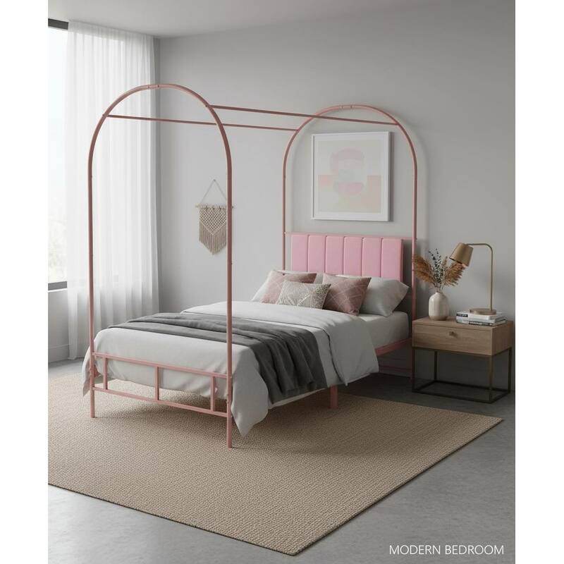 Twin Canopy Bed Frame, with Upholstered Headboard