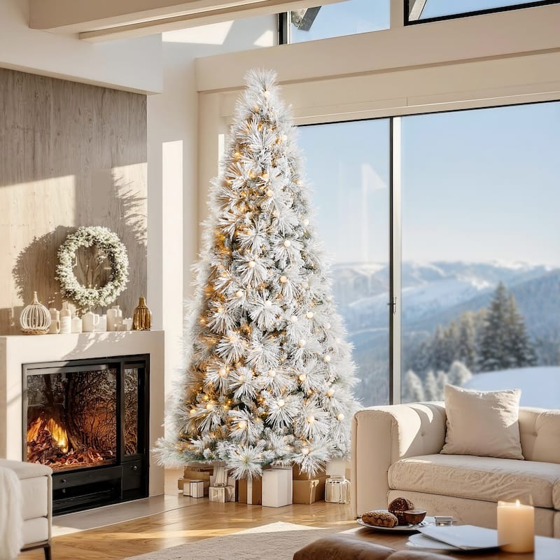 Glitzhome 7.5FT/9FT Pre-Lit Flocked Snowy Full Pine Artificial Christmas Tree with Warm White Globe Lights & Foot Switch