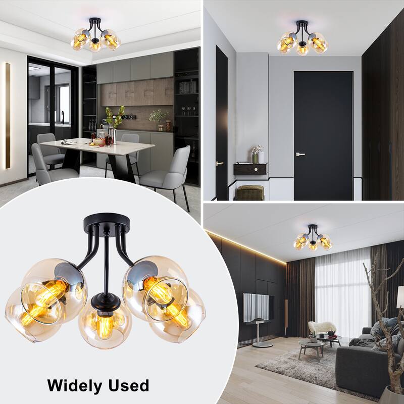 5 Lights Semi-Flush Mount Ceiling Light with Amber Glass Shade Sputnik - Dia.20.47-in