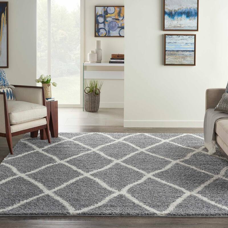 Nourison Shangri-La Geometric Trellis Lattice Shag Rug - 8' x 10' - Light Grey/Ivory - Rectangle
