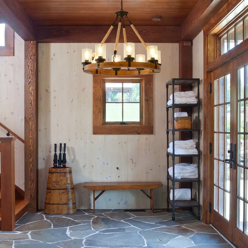 Farmhouse Wagon Wheel Chandelier Round Wood Pendant Lighting Fixture for Dining Room