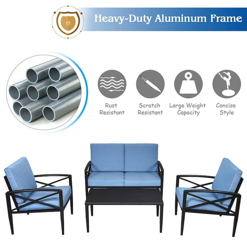 Costway 4PCS Patio Furniture Set Aluminum Frame Cushioned Sofa Chair - Black/Blue - 4-Piece Sets