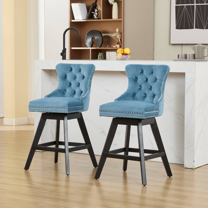 GDF Studio - Leisure Style Swivel Velvet Bar Stools with Button Tufted Decoration and Chrome Nailhead Trim (Set of 2)