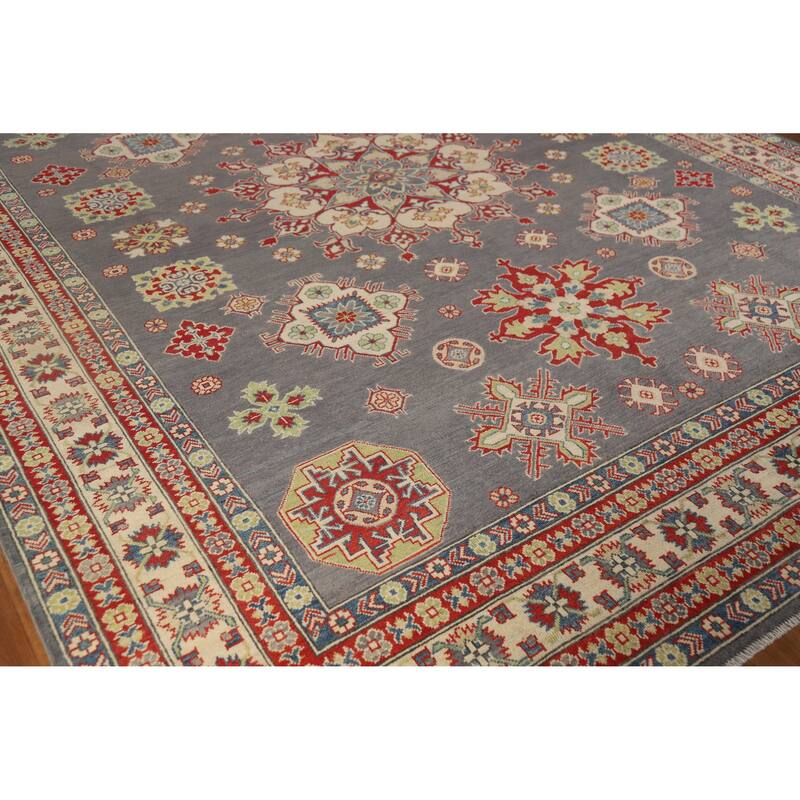 Hand Knotted Oriental 100% Wool Carpet Traditional Geometric Greys & Charcoal Kazak Area Rug - 11' 11'' X 9' 0''