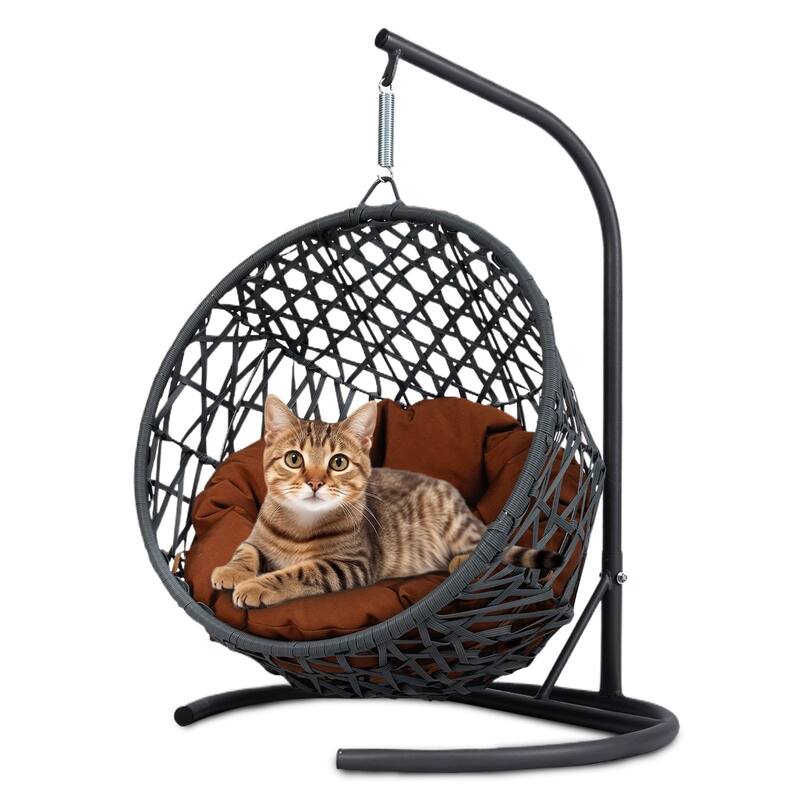 Pet Hanging Swing Bed, Rattan Hammock with Removable Soft Cushion, Cat Swing Bed with Stand & Cushion, Small Animals - Brown