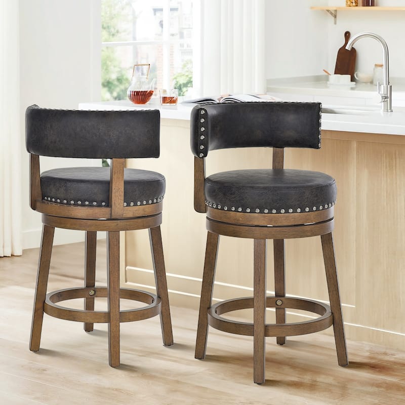 Modern Velvet Swivel Bar Stool - 25" or 30" Counter Height with Adjustable Footrest & Walnut Base, for Kitchen Islands