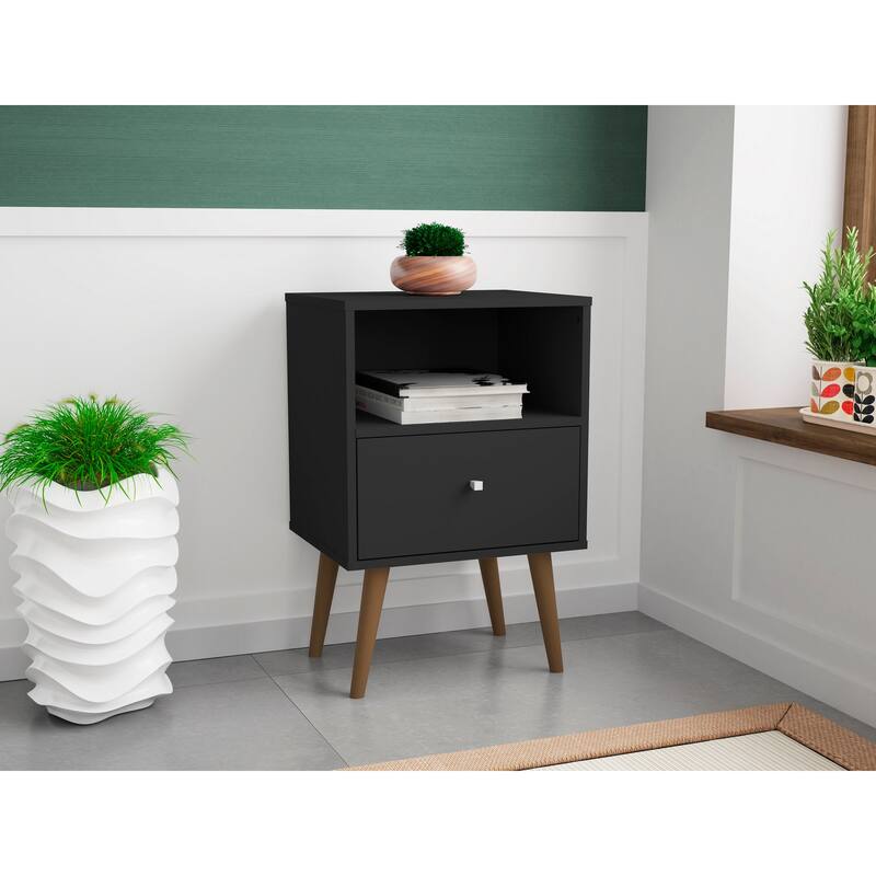 Modern 18-Inch Black Nightstand with Drawer and Cubby
