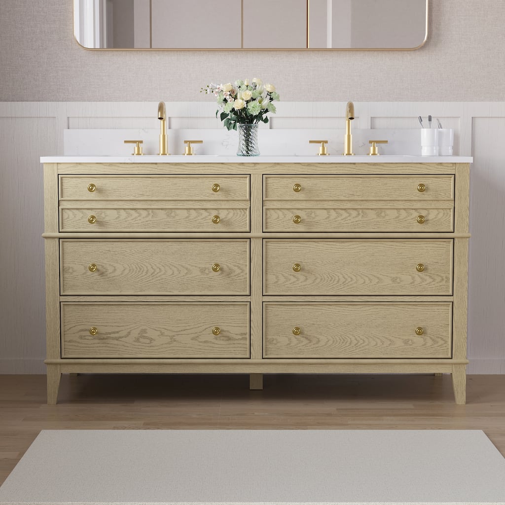 35''H Solid Wood Bathroom Vanity with Carrera White Quartz Top,Drawers And Single Sink