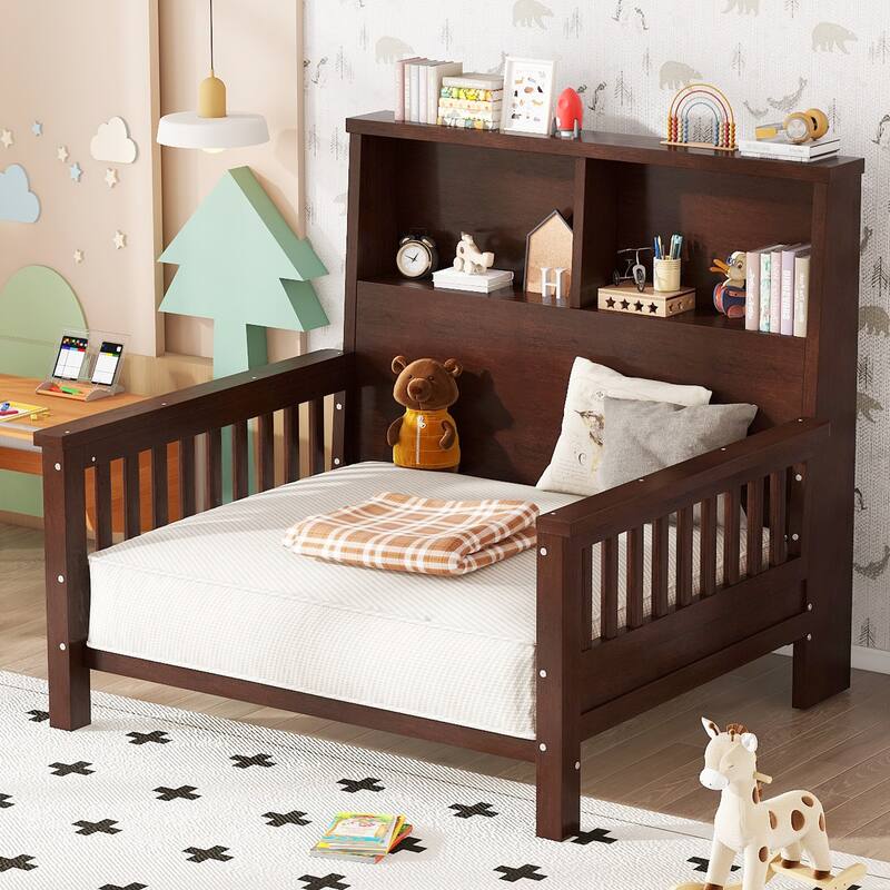 Pull Out Twin Size Platform Bed Converted into Baby Crib and Sofa with Storage Headboard and Removable Footboard